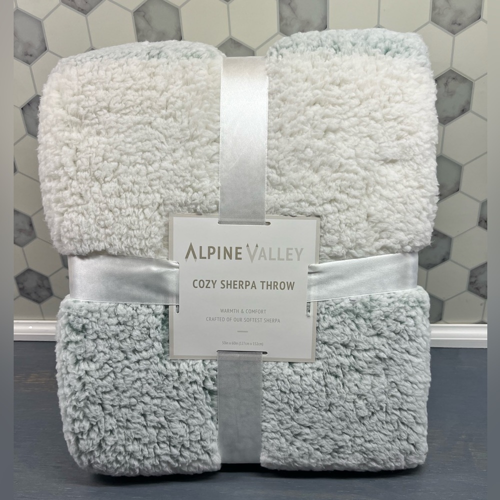Alpine Valley cozy sherpa throw blanket mint green and white